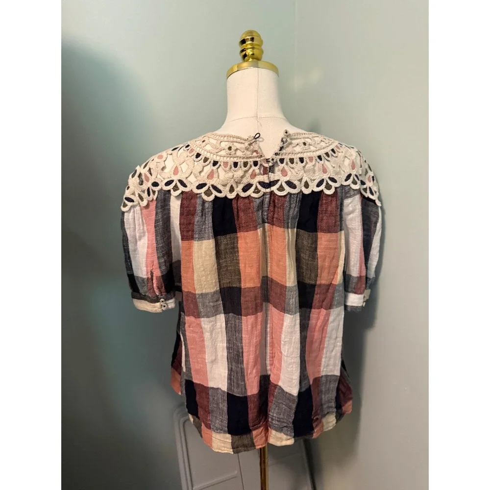 Anthropologie Plaid Crochet Lace Yoke Blouse Pink Navy XL